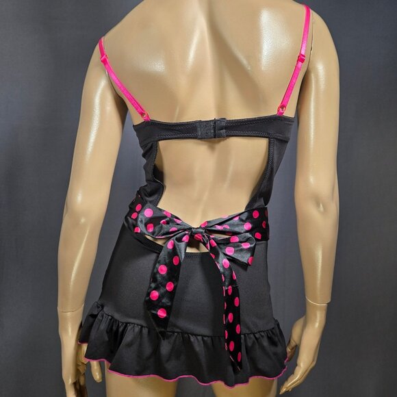 Y2K Rampage Babydoll Lingerie French Maid Mini Dress Size S Black Pink Polka Dot - Picture 7 of 11